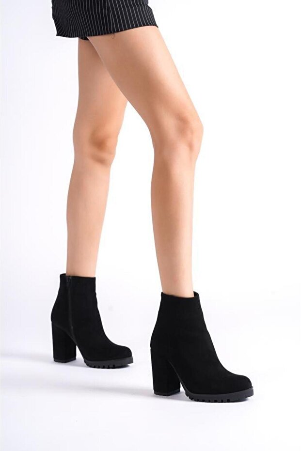 MBZFR5008S-S Kadın Süet Siyah Kalın Topuklu Fermuarlı Kısa Bot&Bootie - 3