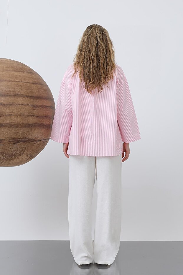 Kadın Geniş Kollu Basic Pamuklu Gömlek - 20655GML - Pudra - 6