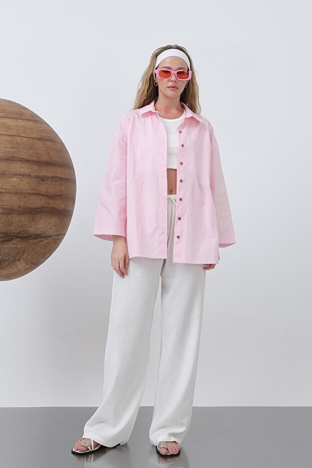 Kadın Geniş Kollu Basic Pamuklu Gömlek - 20655GML - Pudra - 1