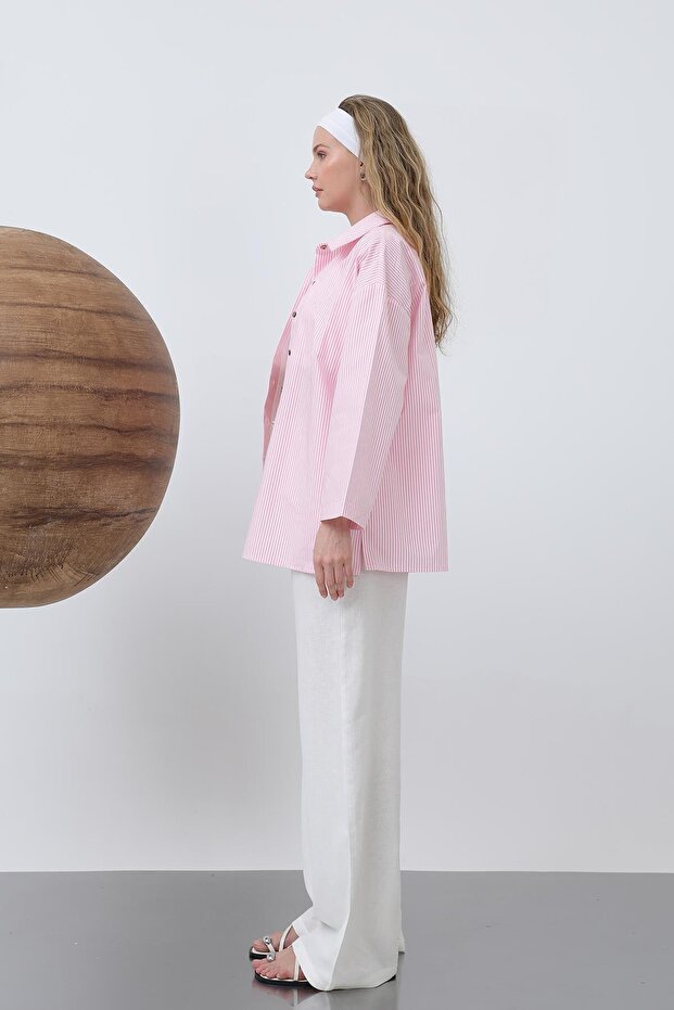 Kadın Geniş Kollu Basic Pamuklu Gömlek - 20655GML - Pudra - 5