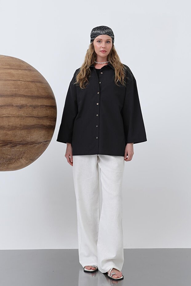 Kadın Kol Detaylı Basic Gömlek - 20655GML - Siyah - 1