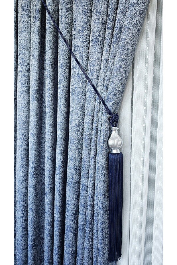 Trojan Blue Double Wing Sparse Pleated Jacquard Satin Textured Background Curtain with Bright Pattern80 X 270 - 1