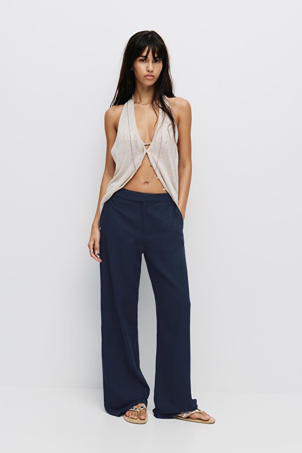 Ketenli düz kesim pantolon - 3