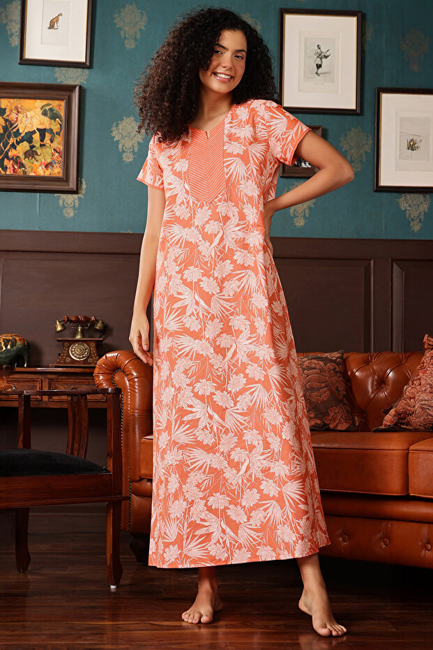 Printed Long Nighty in Orange - Cotton