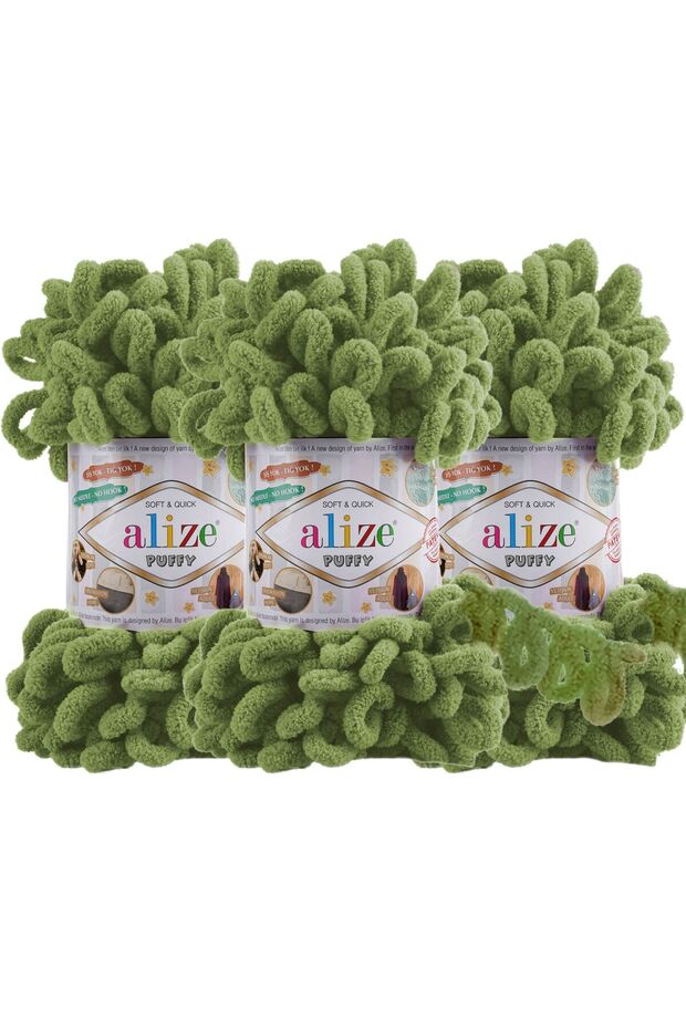 Puffy 3’lü Paket El Örgü İpi - Şişsiz – 100g x 3 Adet – Renk No: 485 - Kaplumbağa Yeşili - 1