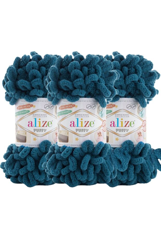 Puffy 3’lü Paket El Örgü İpi - Şişsiz – 100g x 3 Adet – Renk No: 646 - Petrol - 1
