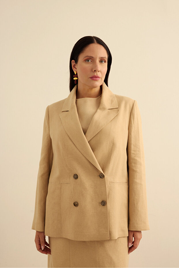 Double Breasted Closure Linen Jacket - 3