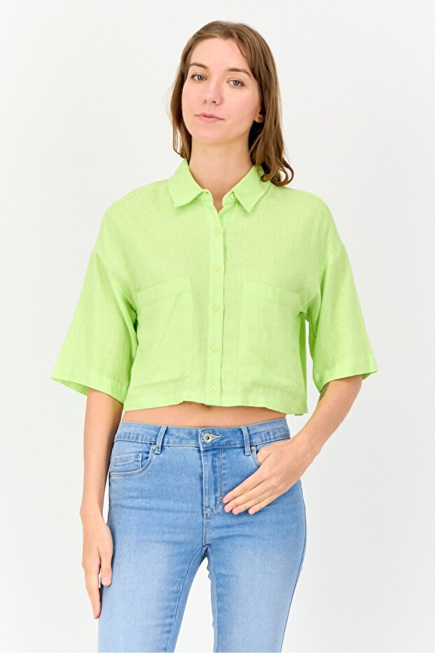 Ole x Women Spread Collar Short Sleeves Solid Shirt, Apple Green