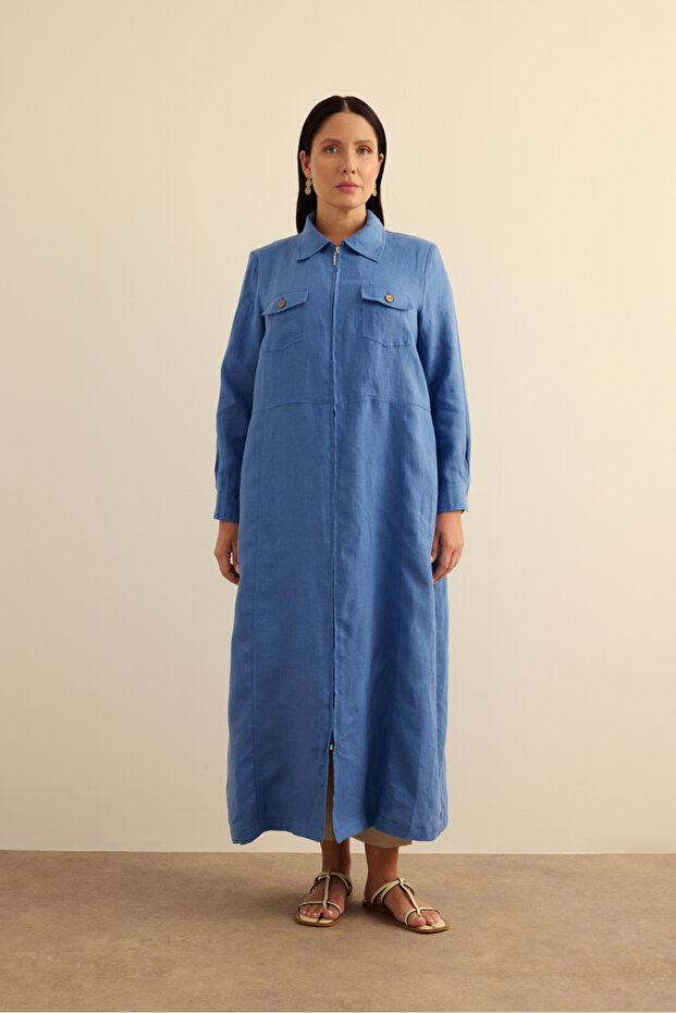 Fermuarlı Keten Ferace - 5