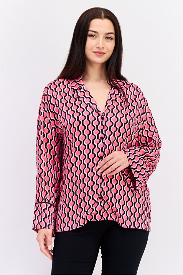 Women Notched Collar Long Sleeves Allover Print Shirt, Multicolor