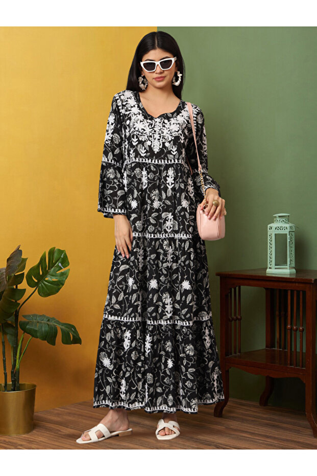 Hand Embroidered Chikankari A-Line Gathering Pattern Mulmul Cotton Jalabiya-AL3673