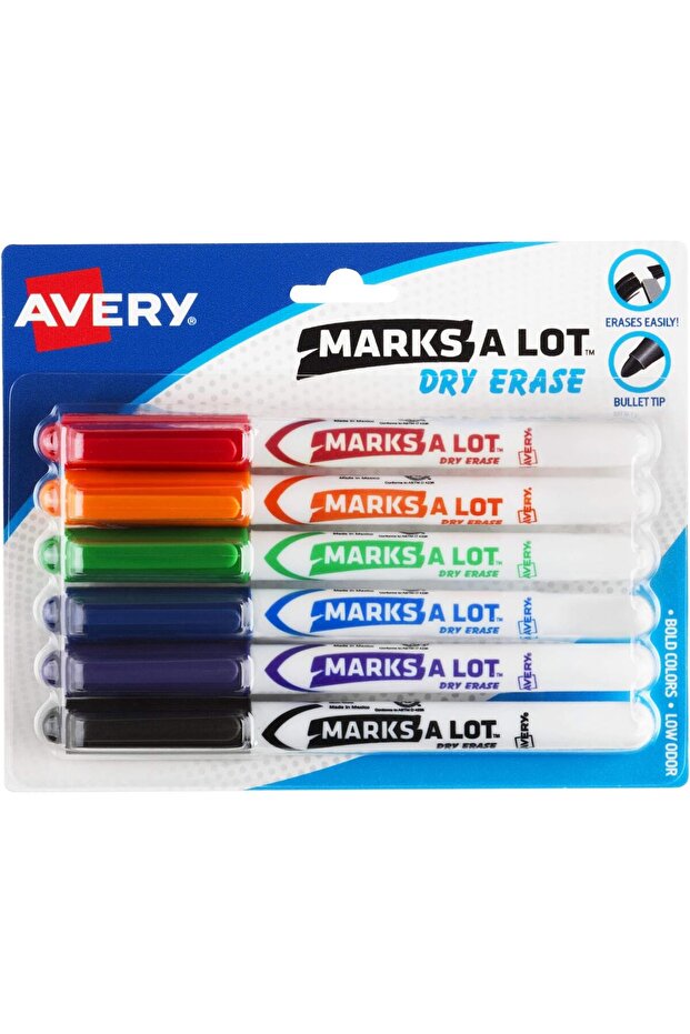 Marks A Lot Dry Erase Markers, Low Odor White Board Markers with Bullet Tip, 6 Ass