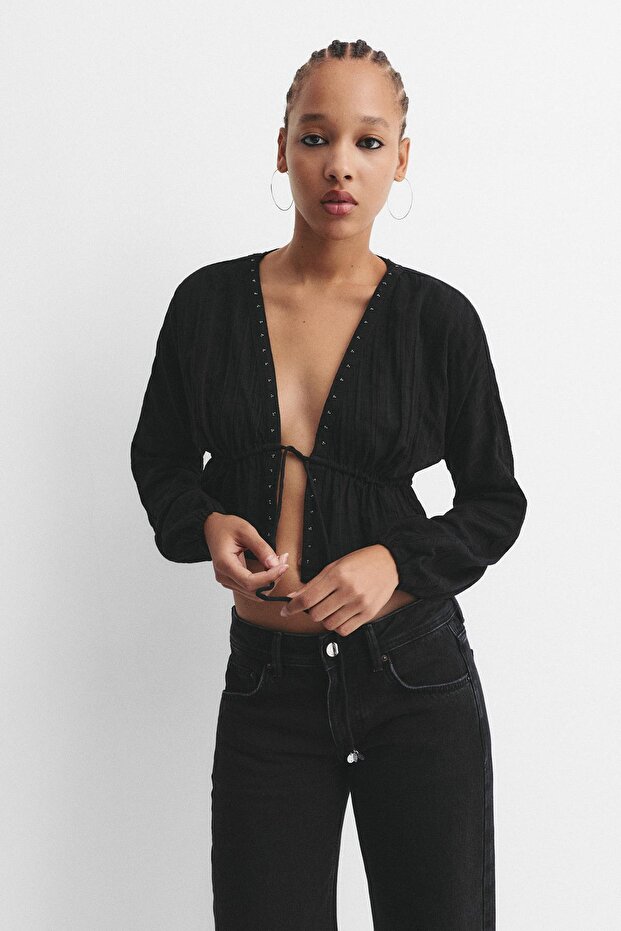 Bağlama detaylı boncuklu bluz - 3