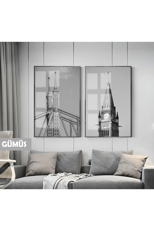 Amazing | Black&White Ny Bridge-Bigben Modern Combination | Framed Glass Table 2 Pieces Vertical