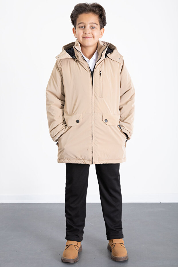 Cream Zippered Chest Pocketed Boys' Hooded Coat with Fur Inside 21358