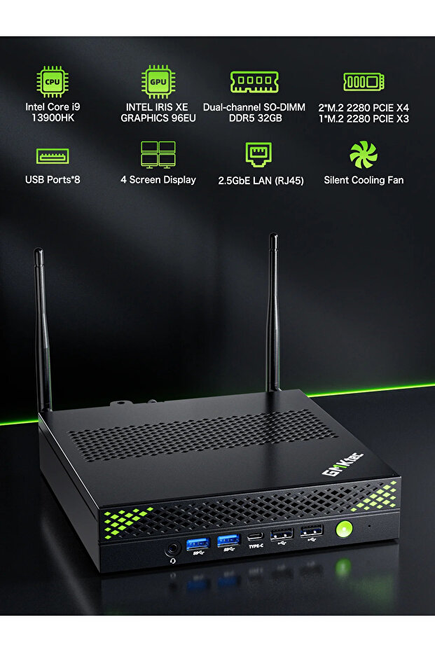 K10 i9 13900HK İşlemci 64GB 1TB M.2 8x USB,Seri (COM) Port 4 Ekran Çıkışlı Win11PRO MiniPC - 2