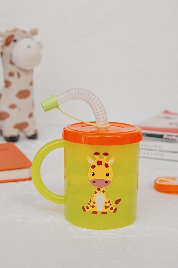 Ruby Giraffe Patterned 210 ml Pp Baby Cup with Straw and Handle 142003 Green-Orange - 5