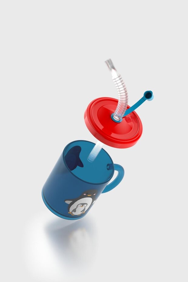 Ruby Penguin Patterned 210 ml Pp Baby Cup with Straw and Handle 142003 Blue-Red - 3
