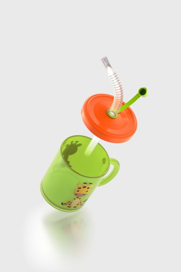 Ruby Giraffe Patterned 210 ml Pp Baby Cup with Straw and Handle 142003 Green-Orange - 3