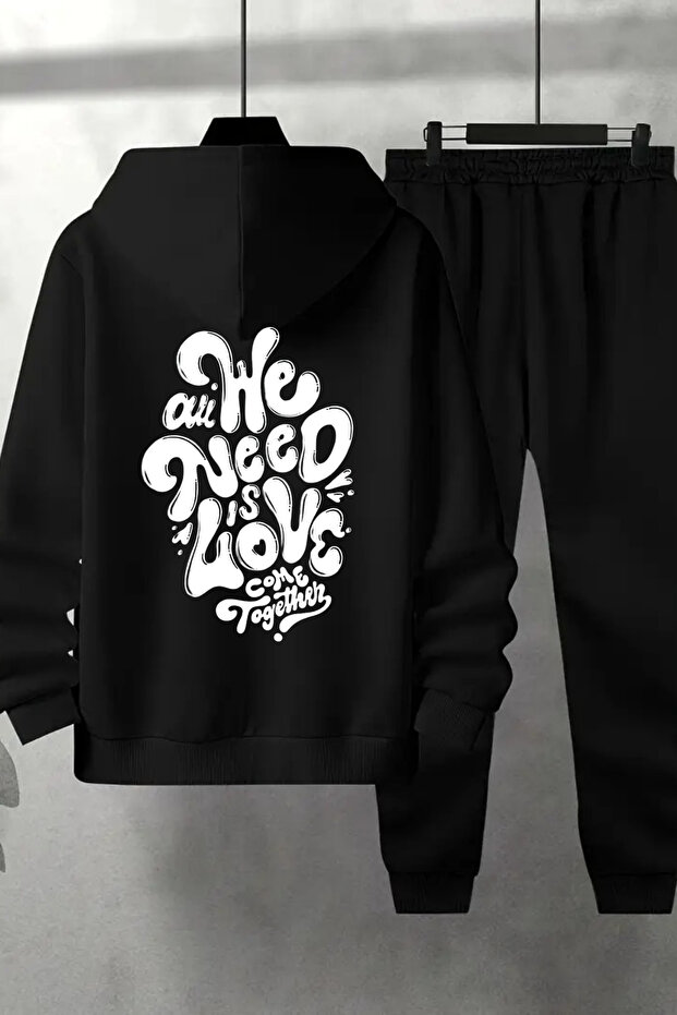 Unisex Black We Need Printed Tracksuit Hoodie - Winter Embossed Fabric