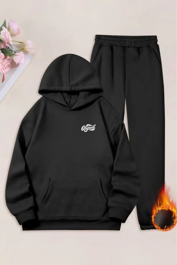 Unisex Black Mini Original Printed Tracksuit Hoodie - Winter Hooded Fabric