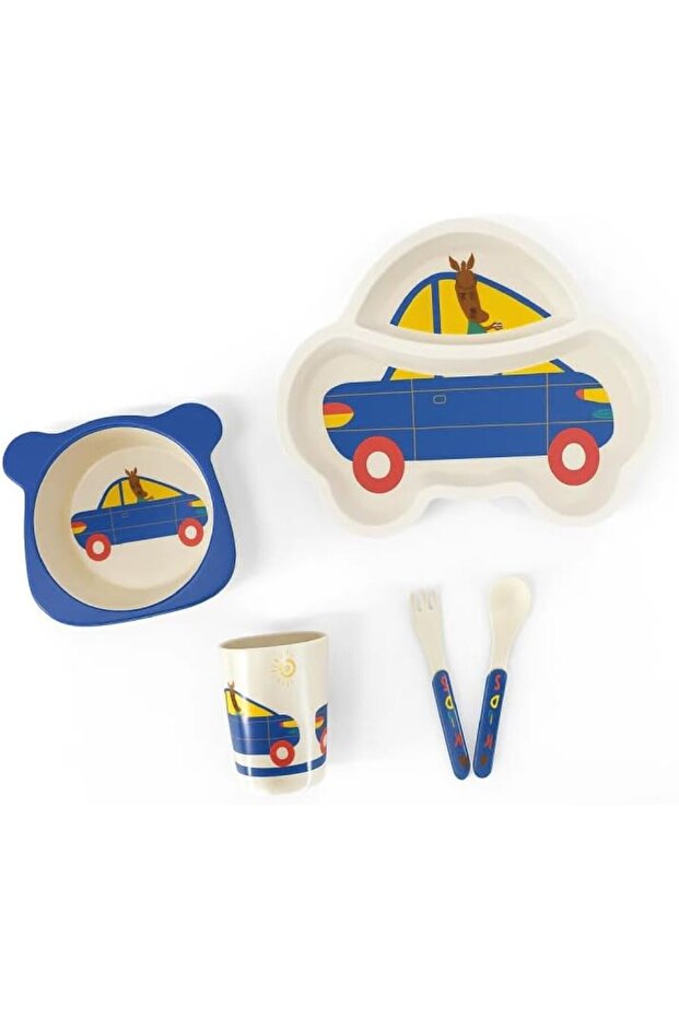 5 Piece Car Designed Kids Bamboo Tableware Set - A