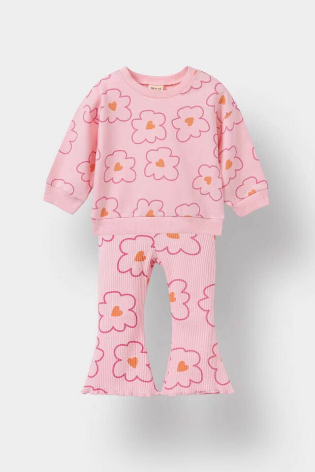 2'li Çiçekli Sweatshirt İspanyol Paça Tayt Pembe Kız Bebek Alt-Üst Takım F0514A5/PN99 - 1