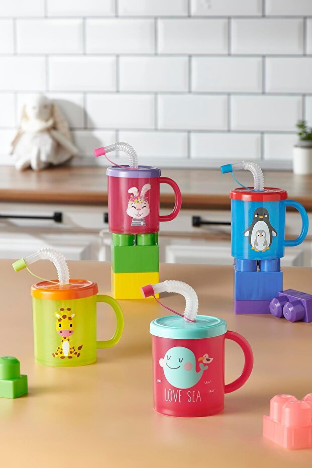 Ruby Giraffe Patterned 210 ml Pp Baby Cup with Straw and Handle 142003 Green-Orange - 4