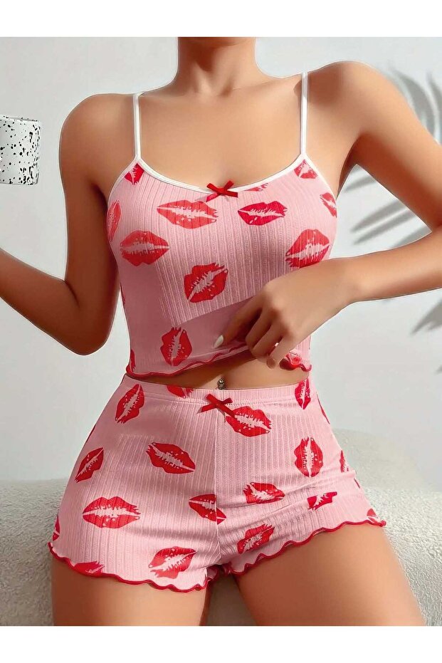 PEMBE ÖPÜCÜKLÜ ASKILI ŞORT TAKIM LILY BIANCA 13012 - 2