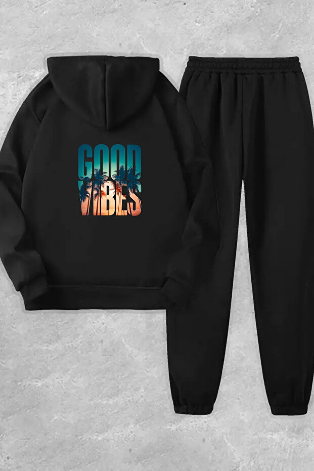 Унисекс черен GOOD VIBES суитчър с качулка и печат на гърба - зимна материя с подплата - 1