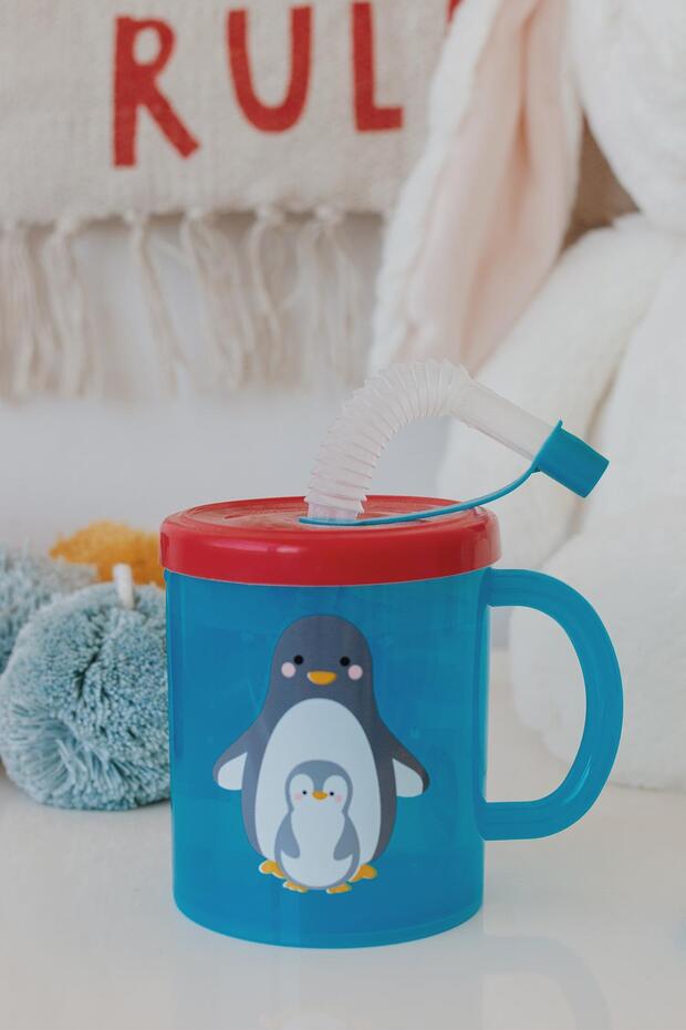 Ruby Penguin Patterned 210 ml Pp Baby Cup with Straw and Handle 142003 Blue-Red - 5