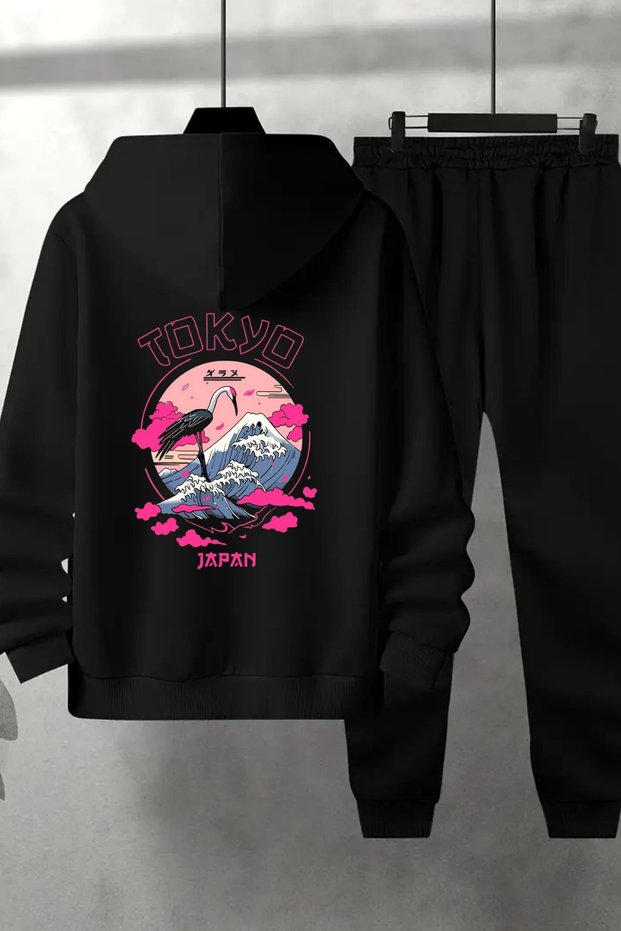 Unisex Black Tokyo Back Printed Tracksuit Hoodie - Winter Hooded Fabric