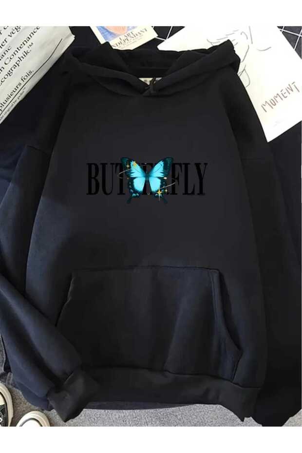 Shiny Butterfly Printed Hooded Pocket Cotton Black Sweatshirt