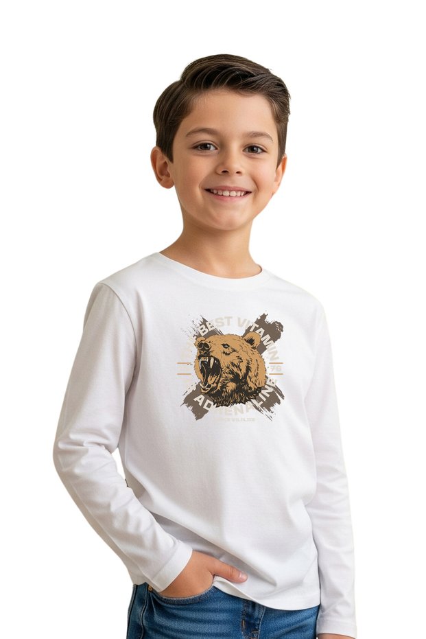 Plain Round Neck Bearr Printed Detail Boy's Sweatshirt