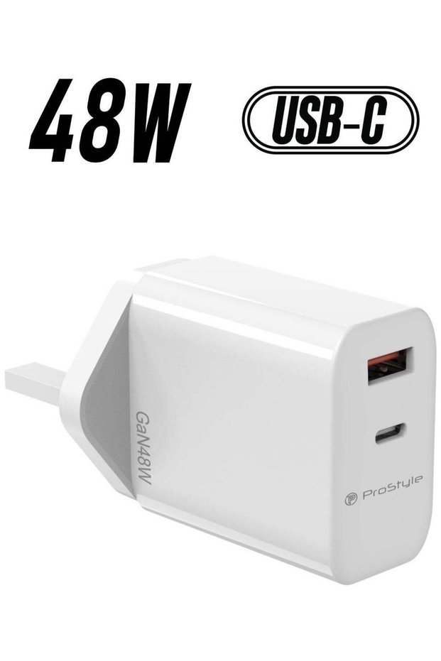 48W Fast Wall Charger GaN USB-A & Type-C – PD Quick Charge, Travel Size, Dual Port Adapter, White