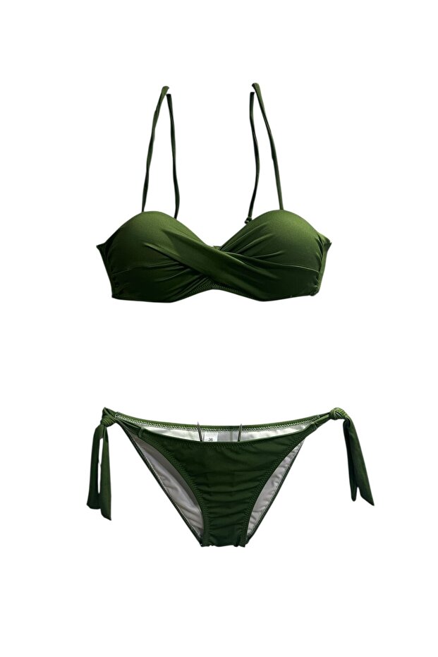 Women's Green Twist Strapless Neck Tied Bikini Set