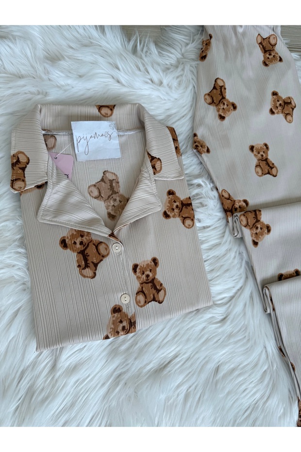 Ekru Ayıcık Desenli Kısa Kol Pegasus Pijama Takımı - 3