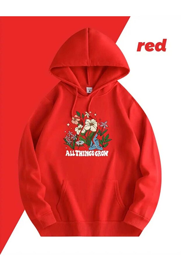 All Things Grow Printed Hooded Pocket Red Sweatshirt with Wool Inside