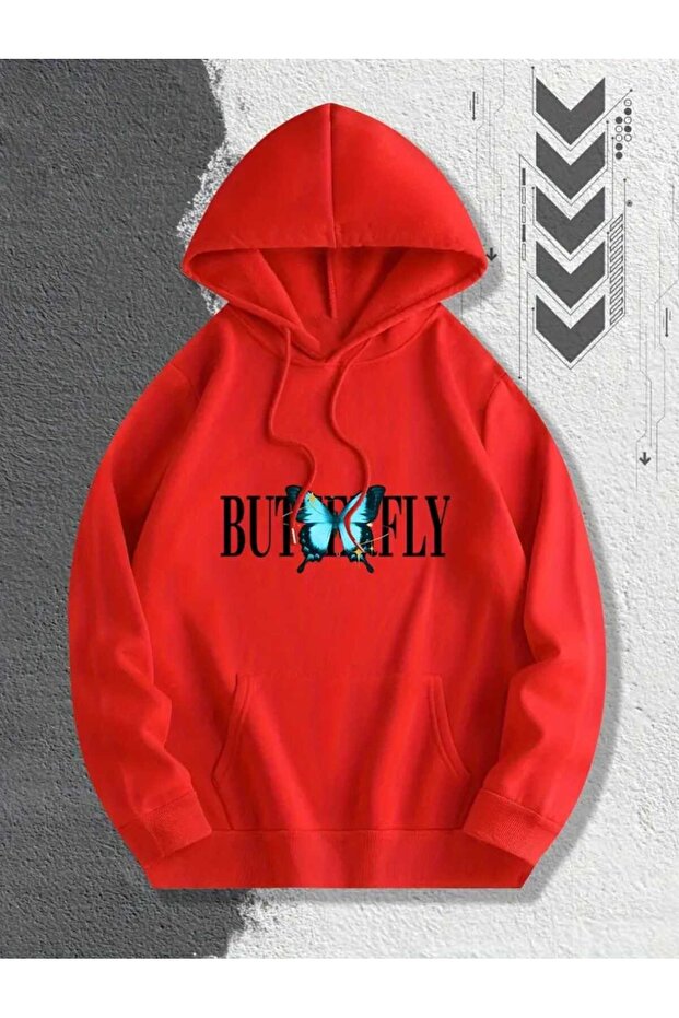 Shiny Butterfly Printed Hooded Pocket Cotton Red Sweatshirt