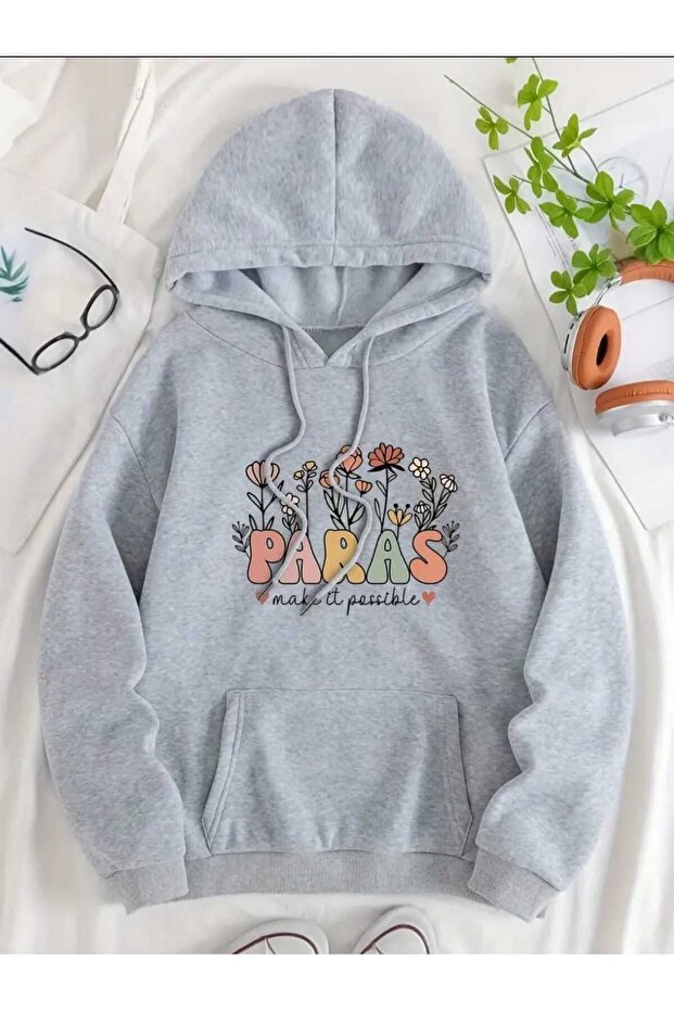 Paras Flower Printed Hooded Pocket Cotton Gray Sweatshirt