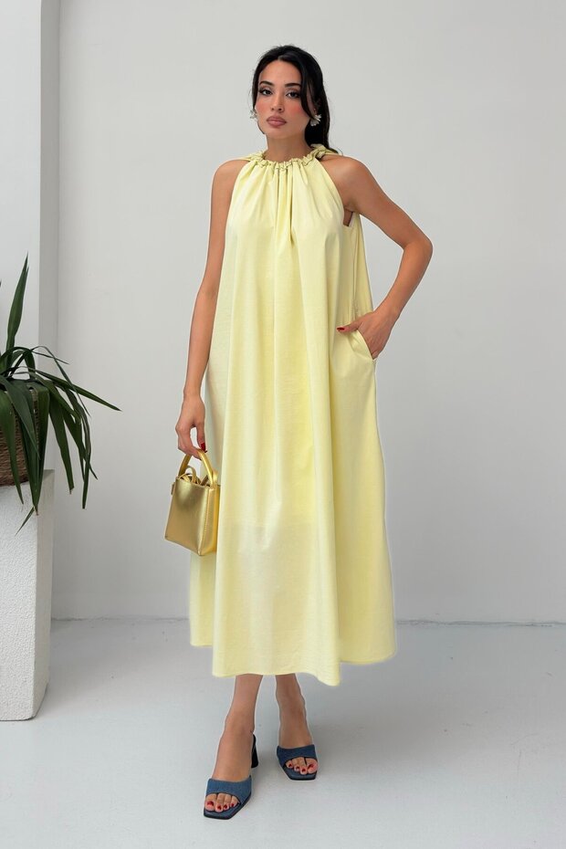 Yellow Halter Neckline Wide Cut Dress