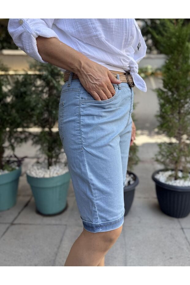 Likralı Kot Şort Açık Mavi - 4