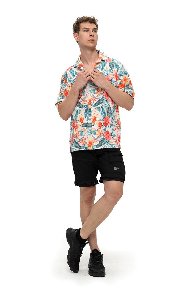 Floral Hawaiian Coast Shirt Oil Water Repellent Stain Resistant Apaç Collar Men's Shirt Beach Shirt