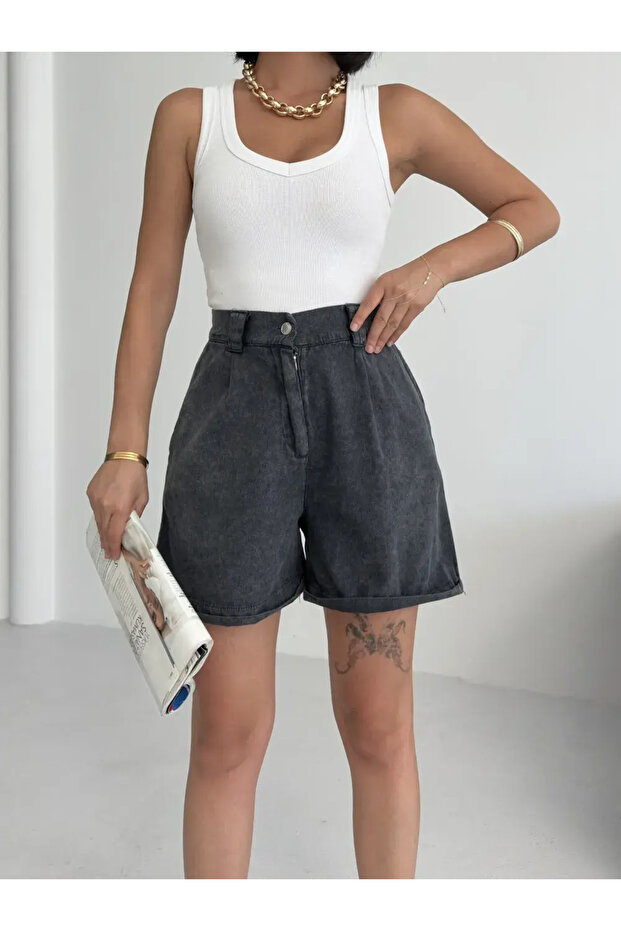 SADE GABARDİN ŞORT SİYAH - 3