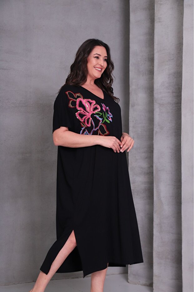 Viskon Oversize Elbise Nakışlı - 4