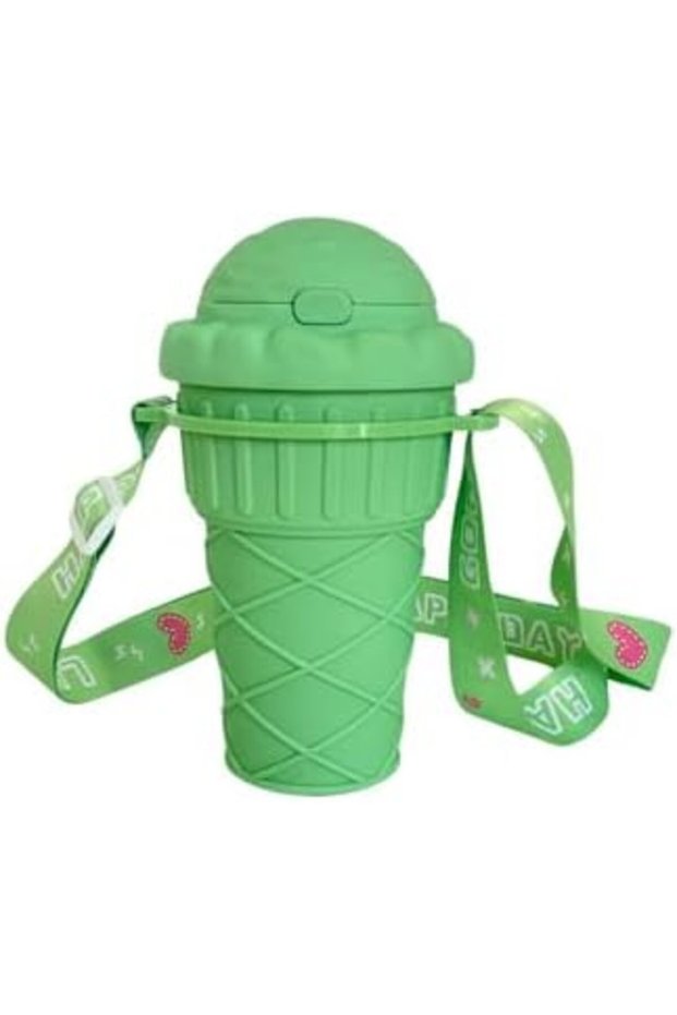 Children Ice Cream Water Bottle with Straw, Silicone Portable Travel Water Bottle, Leak-Proof