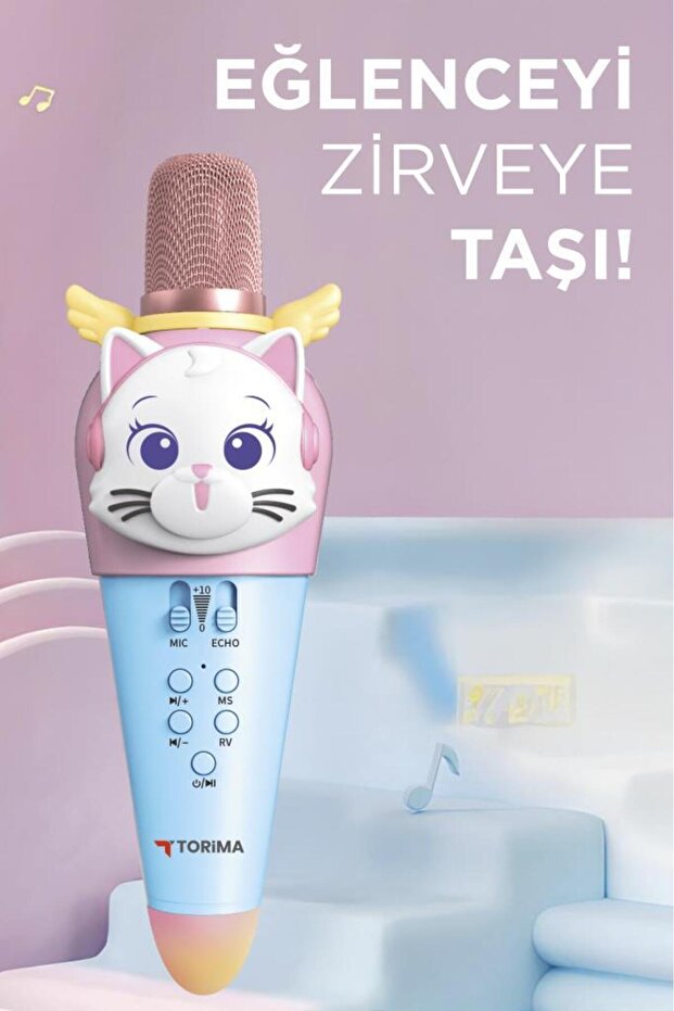 KIDMIC02 Mavi Kedi Figürlü Şarjlı BT Karaoke Mikrofon ve Hoparlör 5W Kablosuz Mikrofon - 4