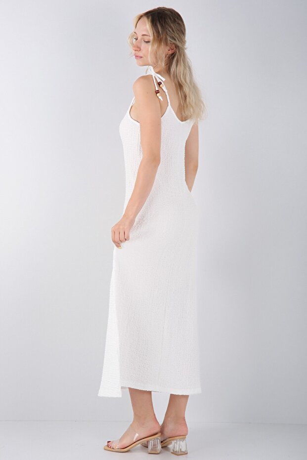 Ahşap Boncuk Detaylı Yazlık Midi Elbise - 4