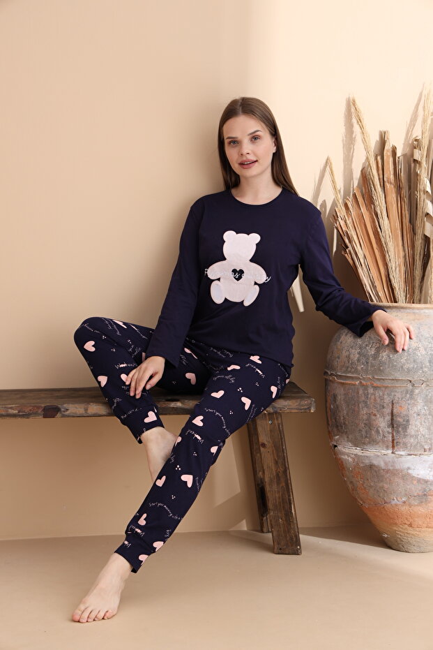 Lacivert Kalp Desen Pamuklu Örme Uzun Kol Çocuk Pijama Takımı - 2