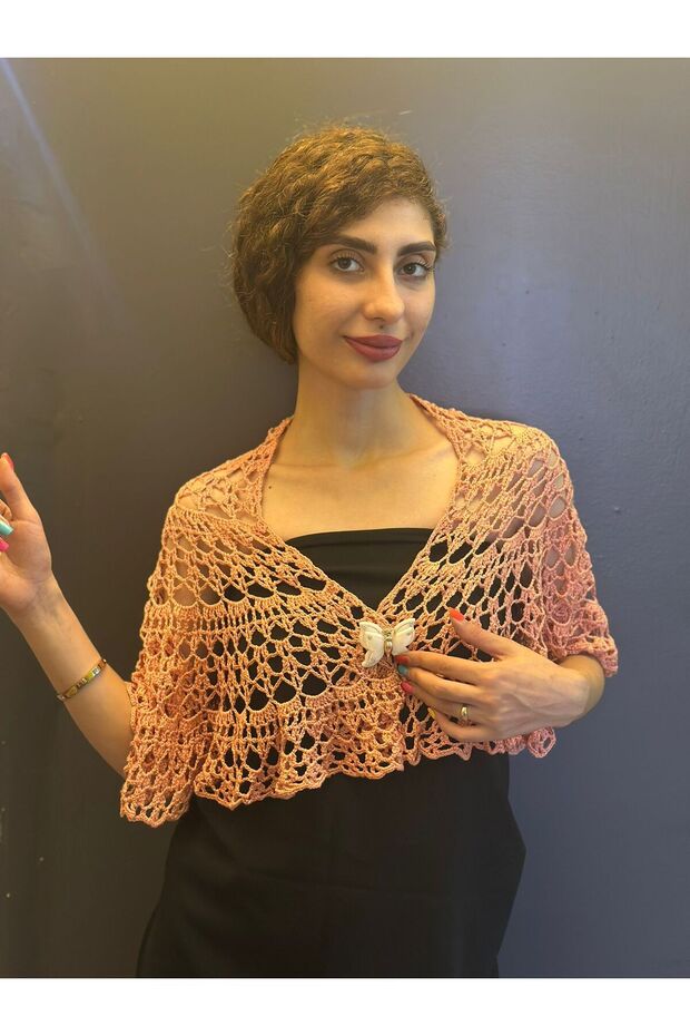 Lace Hand Knitted Multi-Purpose Shawl Bolero Bustier with Butterfly Brooch